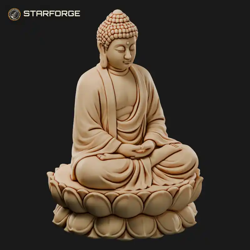 Seated Buddha Statue in Meditation Pose on Lotus Throne and Octagonal Stone Base