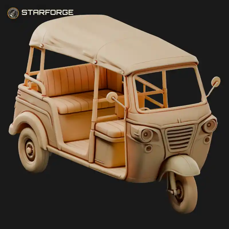Three Wheeled Tuk Tuk Auto Rickshaw with Canvas Roof Bench Seat and Handlebar Steering