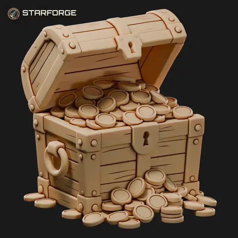 Treasure Chest Overflowing with Gold Coins Iron Banded Lid Lock and Jewels