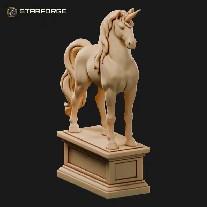 Unicorn Statue Rearing On Carved Stone Plinth With Spiral Horn And Mane