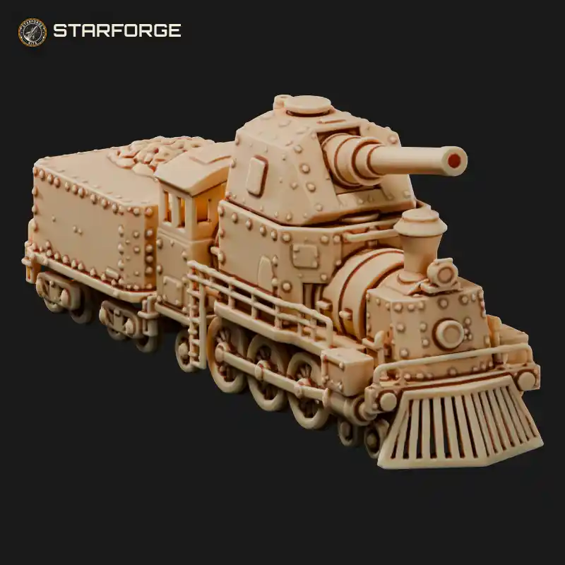 War Train Locomotive With Armored Plates Cannon Turret And Cowcatcher Ram