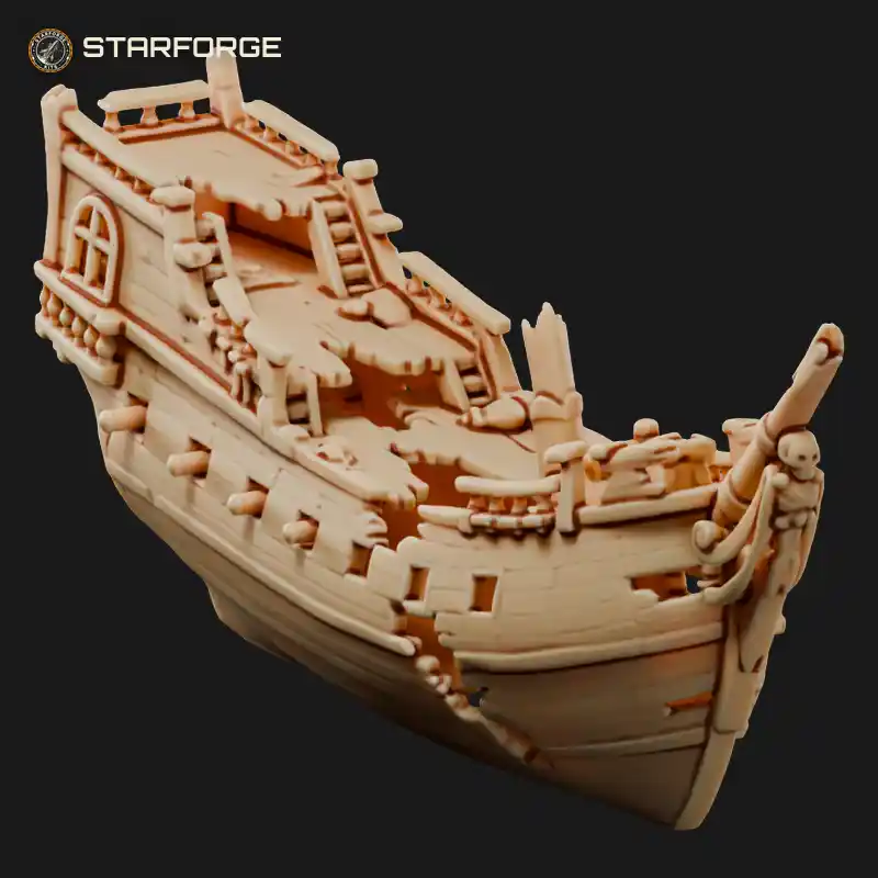 Wrecked Pirate Ship Hull With Broken Mast Torn Sails And Exposed Ribs